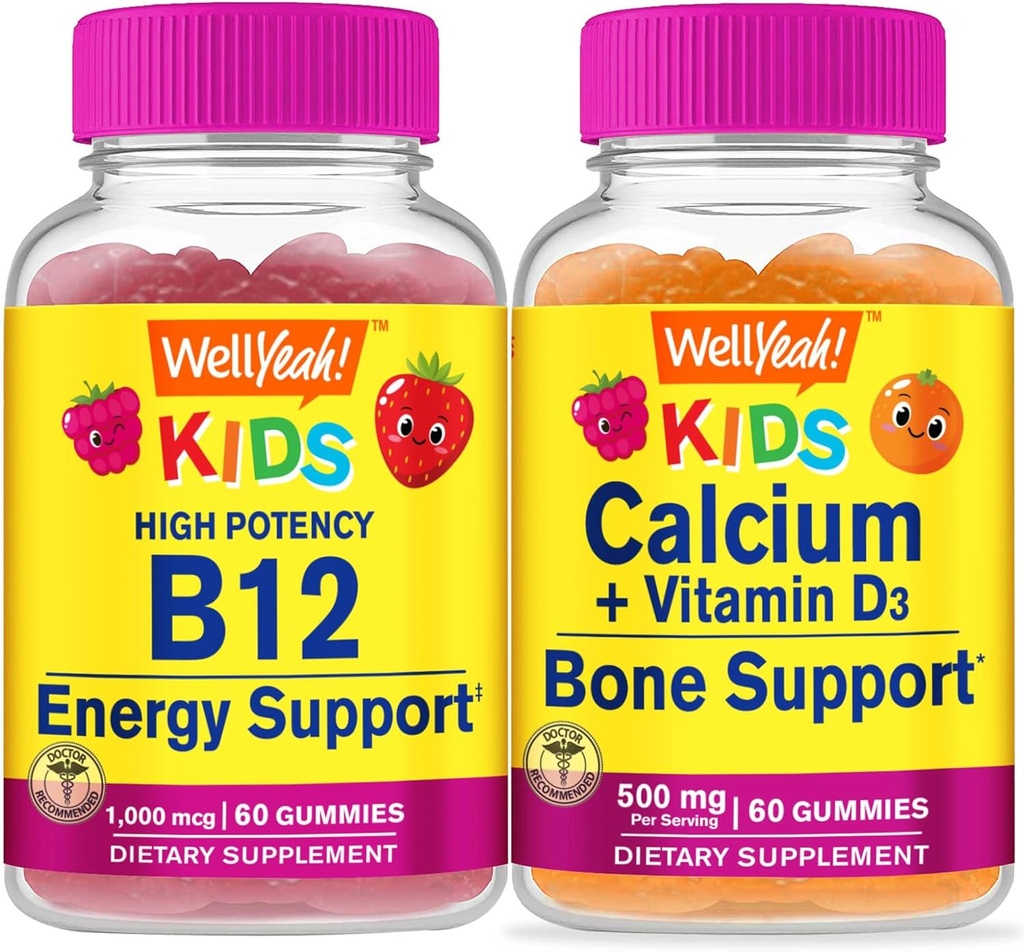 Welly Vitamin B12 Kids + Calcium + Vitamin D3 Kids, Gummies Bundle - Great Tasting, Vitamin Suplemen, Gluten Bebas, GMO Bebas, Gummy Chewable