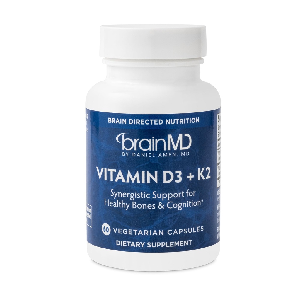 BRAINMD Vitamin D3 + K2- 60 Capsules - Dukungan Synergistic untuk Healthy Bones & Cognition - Gluten Free - 60 Servings