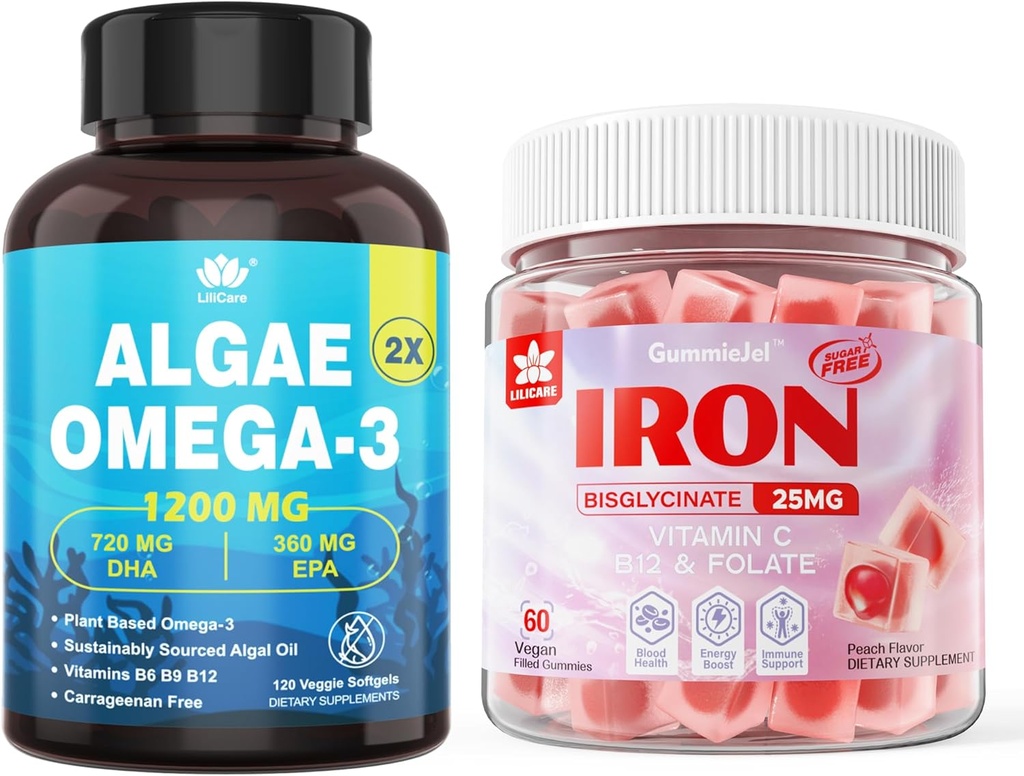 Vegan Iron Gummies & Plant-Based Algae Omega 3 1200 mg Suplemen