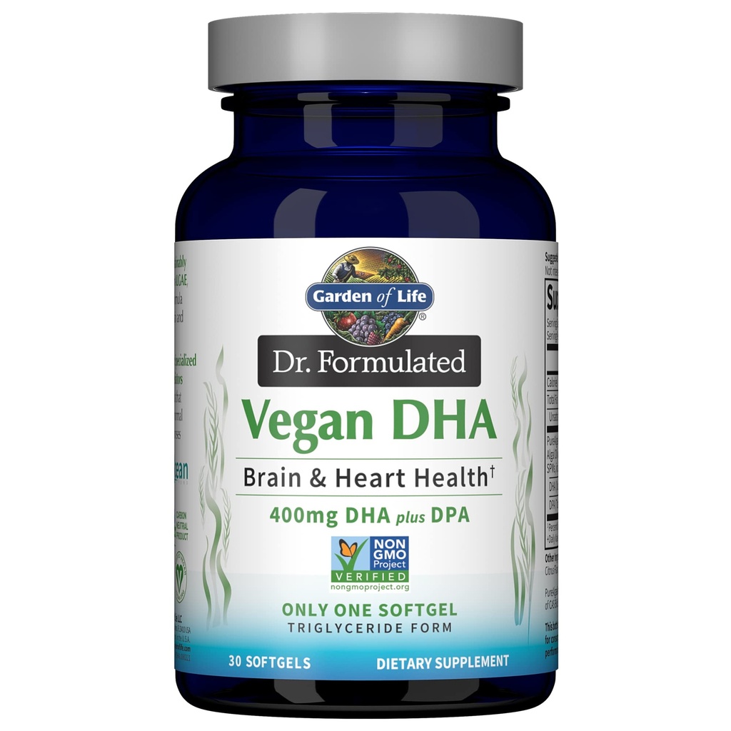 Garden of Life Omega 3 Vegan DHA Suplemen Dr Formulated Vegan DHA, 400mg DHA & 90mg DPA dalam bentuk Triglyceride dari sumber tunggal, Omega 3 Suplemen Perempuan dan Pria Kesehatan, 30 Softgeels