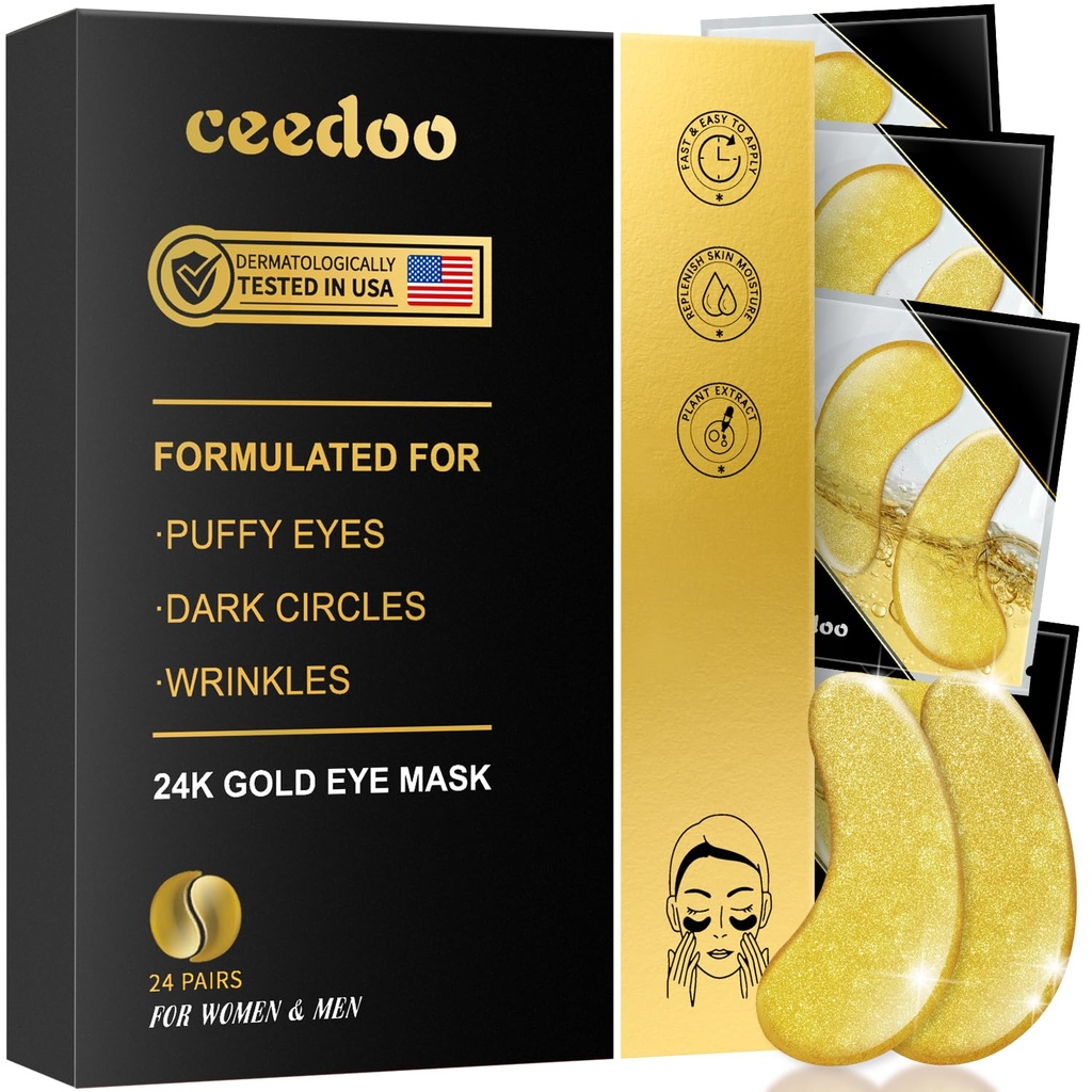 Under Eye Patches - 24 Pairs Gold Under Eye Mask for Puffy Eyes, Dark Circles, Eye Bags, Wrinkles, Collagen Eye Gels dengan Peremenating Treatment, Gift for Women
