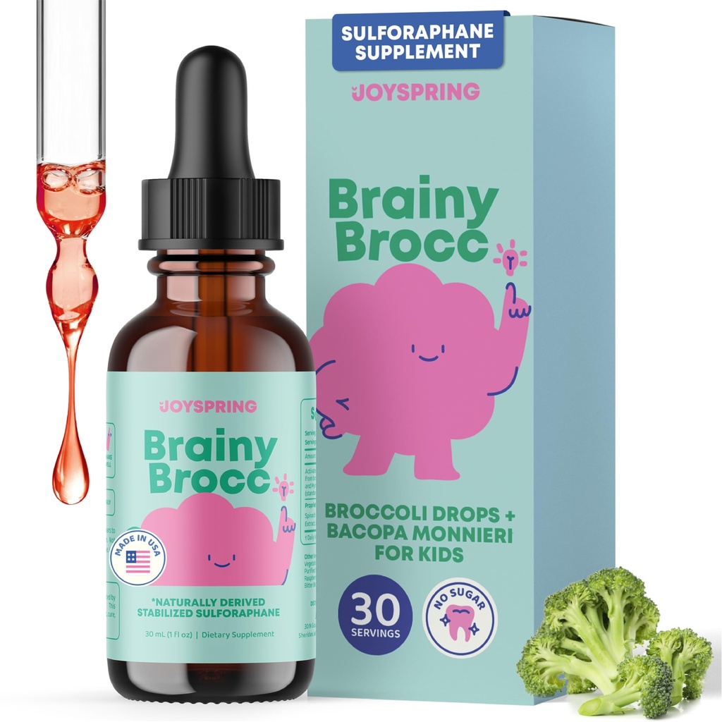 JoySpring Broccoli Suplemen Anak-Anak; Sulforaphane & Bacopa Monnieri Drops 12.4; Mendukung Fungsi Kognitif 124; Vegan & Kid- Friendly