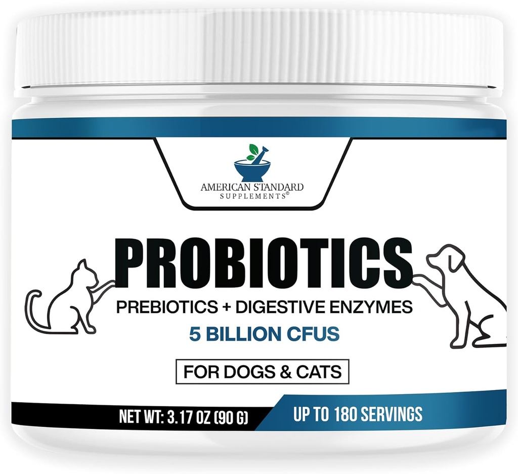 Prosesi Suplemen Standar Amerika untuk Anjing & Kucing dengan Enzim Pregren & Digetical, 5 Milyar CFU, 9 Strains, 3.17oz (90g), 180 Servis - Dog & Cat Progration for Gut Health & Diffestion