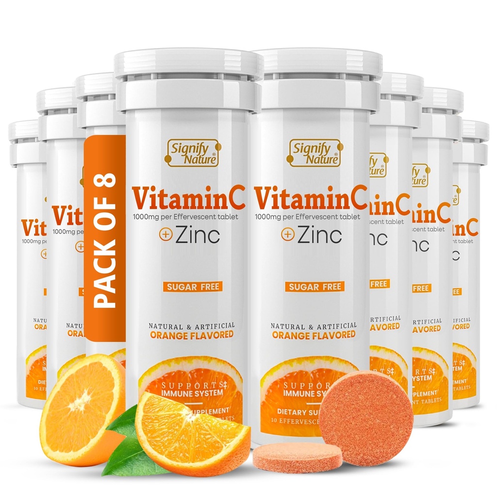 SIGNIFY NATURE Vitamin C 1000mg Effervescent Tablet - Imposemune Dukung VIT C dengan suplemen Zinc - Sugar- Free ForVegan Formula 124; Dissolvable Vitamin C Tablet - Air Soluble Fizzy Elixir - 80CT