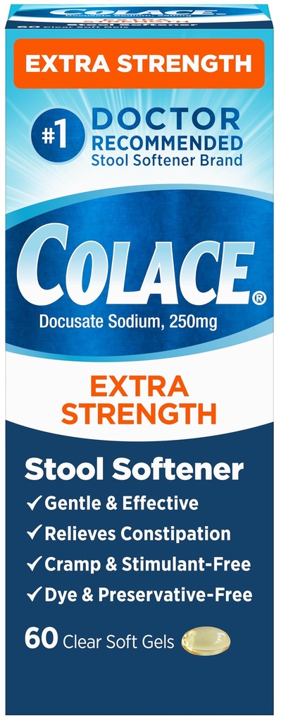 Colace Extra Strength Stool Softtener untuk Bantuan Sembelit Efek Lembut, # 1 Dokter Disarankan Softer Brand, 250 mg Docurate Kapsul, 60 Count (Paket 1)
