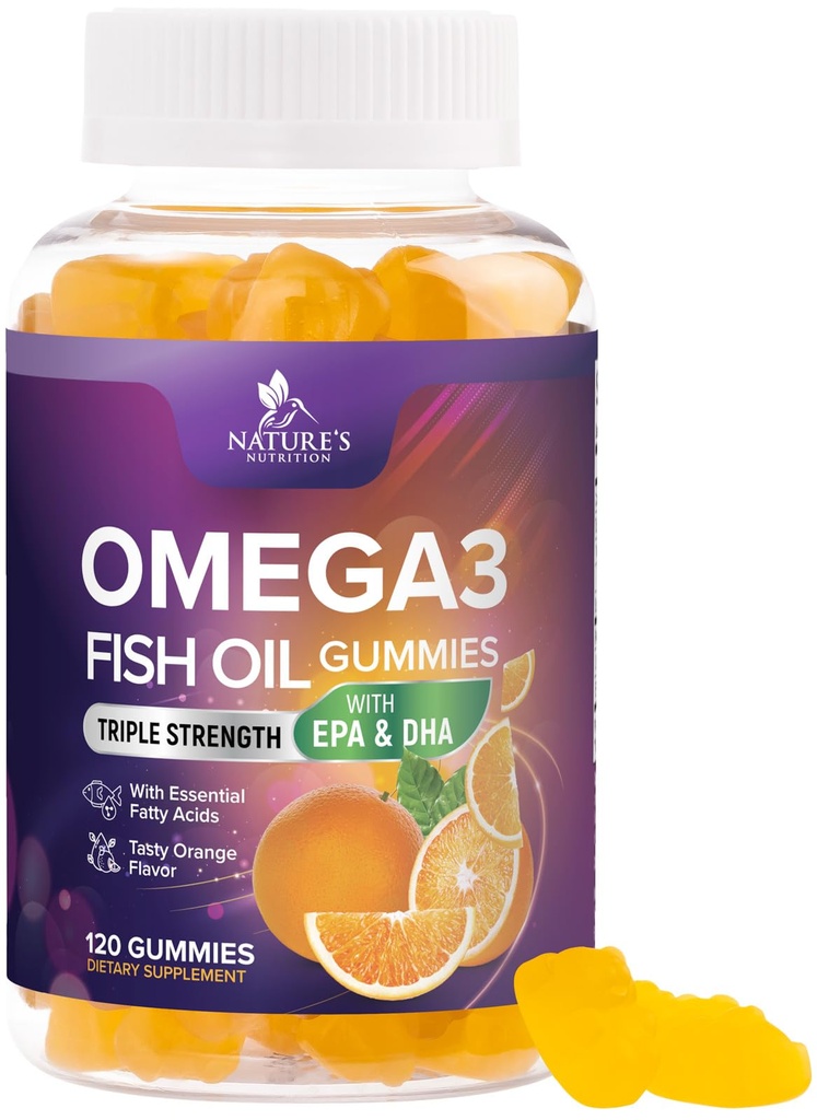 Omega 3 Oil Gummies - 3X Kekuatan Kesehatan Jantung - Penangguhan Tinggi Omega 3 Fish Oil Gummy Suplemen dengan DHA & EPA - Dukungan Gabungan & Otak untuk Dewasa - Musik Jeruk Lezat - 120 Gummies