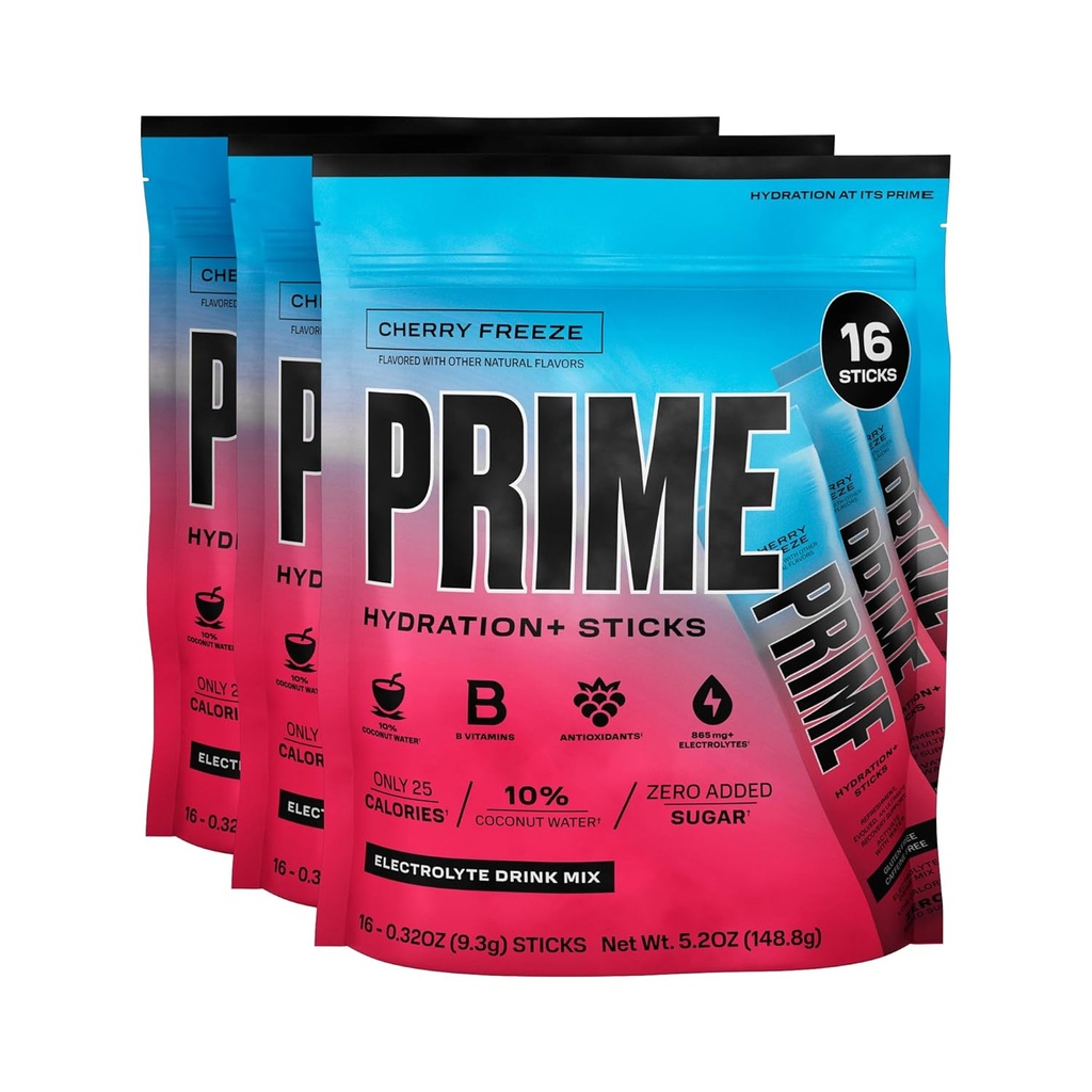Hidrasi PRIME + Sticks Cherry Freeze 14; Hidration Powder Single Serve Sticks 124; Electrolite Powder On The Go 14; 250mg BCAAs, B Vitamin, Antioksidants 124; Rendah Gula 124; Kafein Bebas 124; Vegan 124;