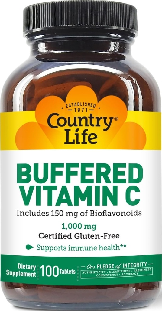 Hidup Negara Buffered Vitamin C 1000mg dengan Bioflavonoid, Kalsium, Magnesium, Potasium - Dukungan Imune, Vegan Capsules, Gluten- Bebas, Lembut pada Perut - 100 Tablet