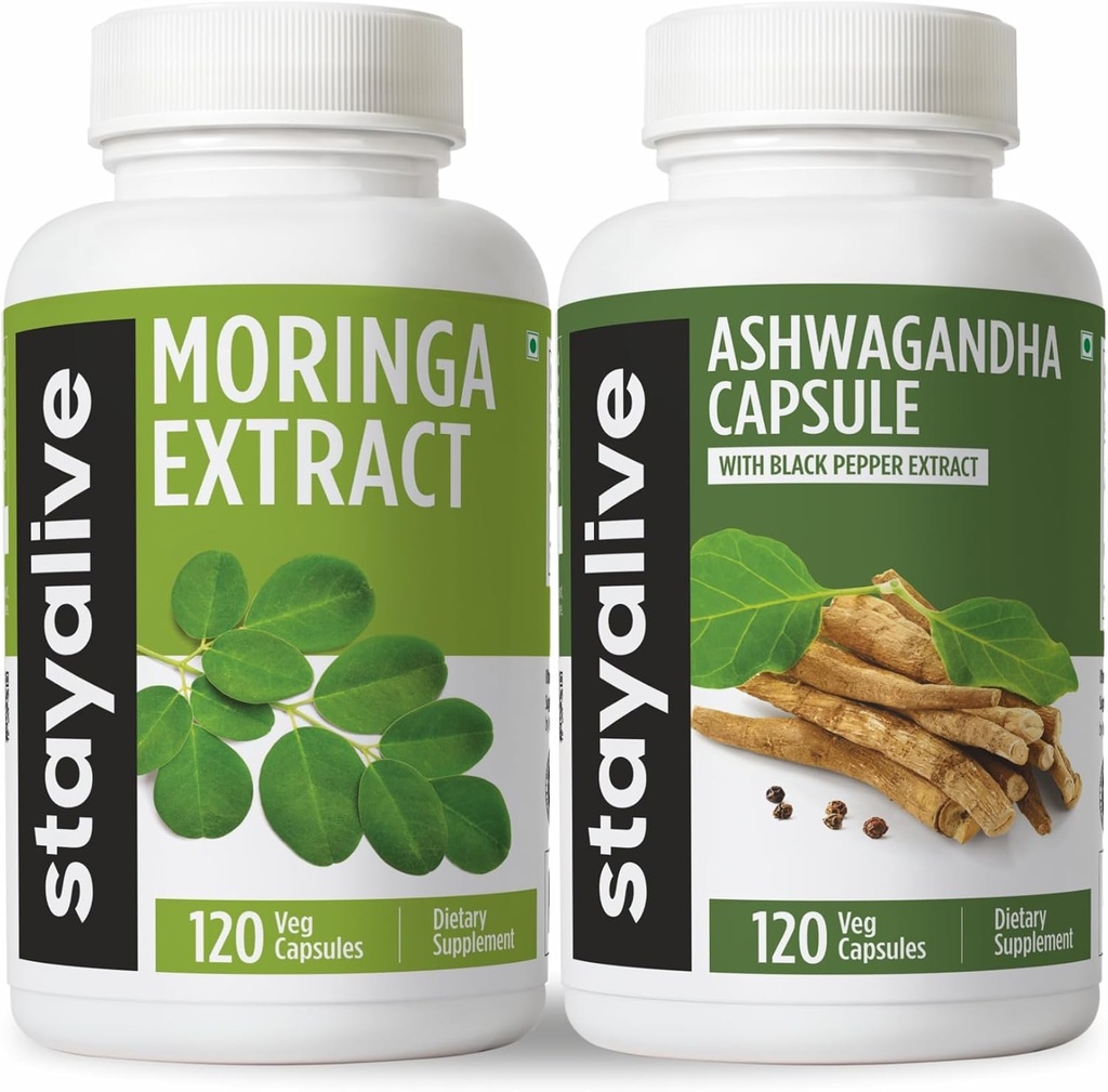 STAY ALVE Moringa dan Ashwagandha Bundle w / Black Pepper Extract, 240 Vegan pills, Non-GMO & Gluten Free Ashwagandha Moringa Suppplemen 2 Pack
