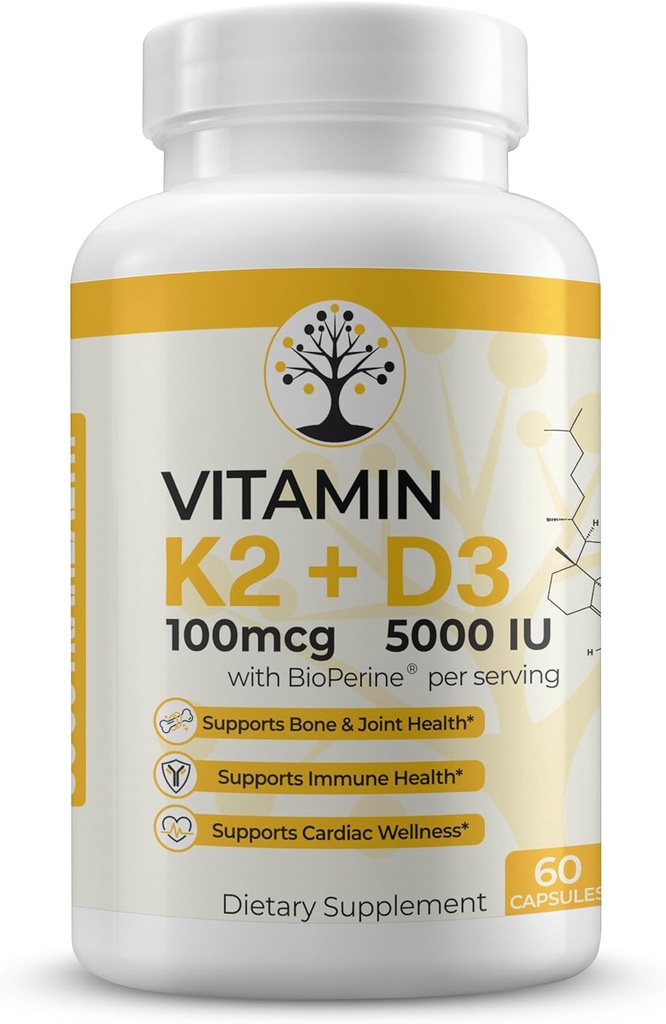 Vitamin D3 K2 Suplemen, 5000 IU - Mendukung Imune dan Cardiak Wellness, Potency Tinggi, Gluten Bebas, 60 Kapsul