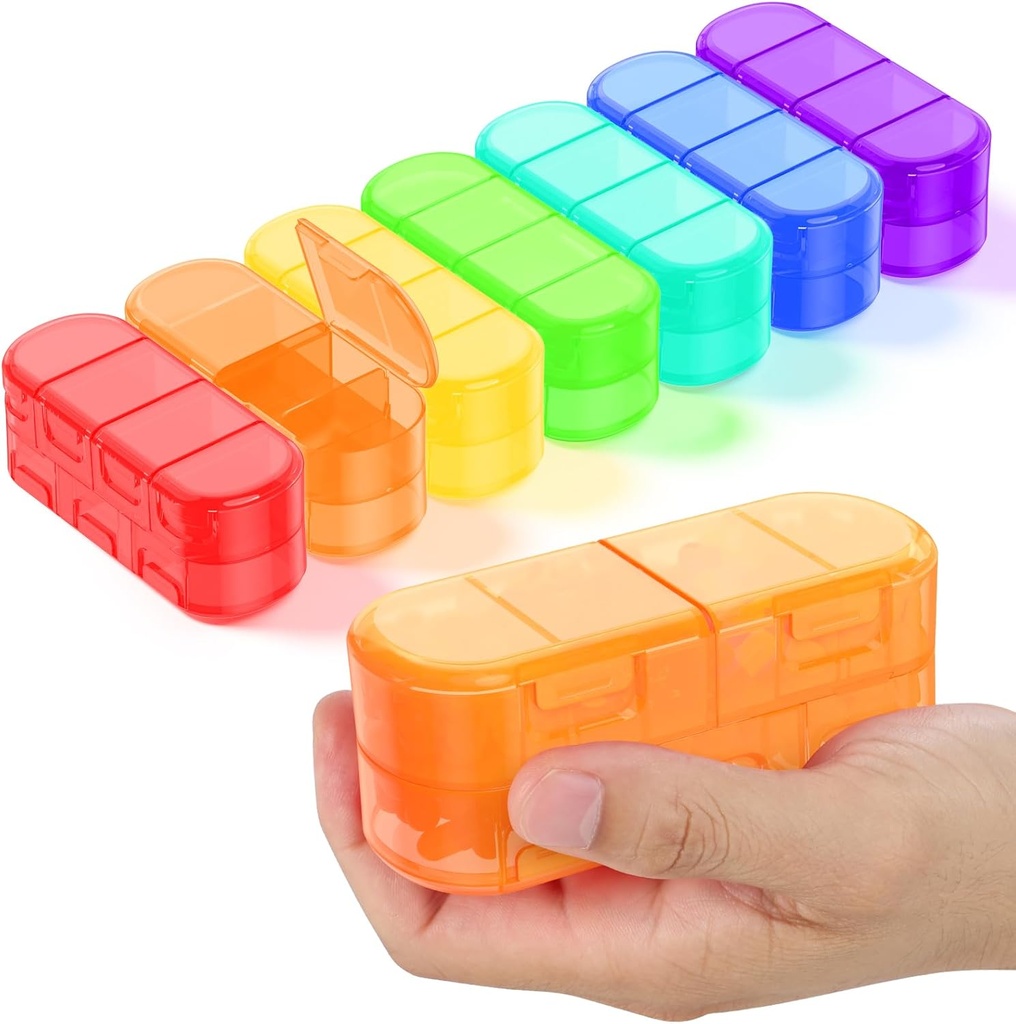 Kemasan Keluarga Weekly (7 Days) Travel Pill Organizer, 2 / 3 / 4 Kali sehari, Double- Sided Opening Design, Portable Pill Box for Stening Medication / Vitamin / Fish Oils (7 Rainbow Variable Grids)