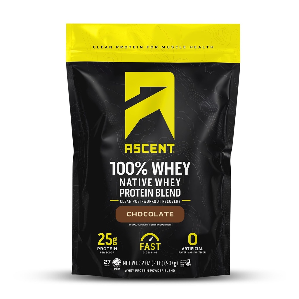 Ascent 100% Whiy Protein Powder - Post Workout Whey Protein Isolate, Zero Artificial Flavors & Sweeteners, Gluten Free, 5.5g BCAA, 2.6g Leucine, Escule Amino Acids, Chocolate 2 lb