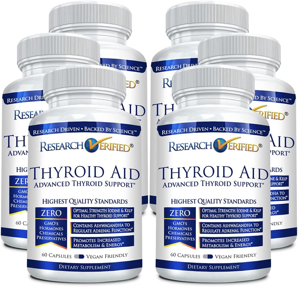 Research Verified ® Thyroid Aid - Optimal Thyroid Fungsi dengan Iodin, Copper & Zinc - 260 mcg Selenium - 100% Murni - Vegan Friendly - 60 Capsules Per Botol - 6 Botol
