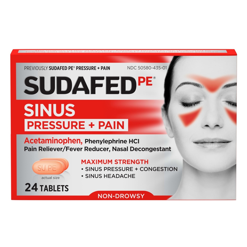 Sudafed PE Sinus Pressure + Pain Relief Tablet, Maximum Energy, Non-Drowsy, OTC Sinus Relief Medicine dengan Acetaminopenhen Pain Reliever & Phenylephrine HCl Nasal Decongestan, 24