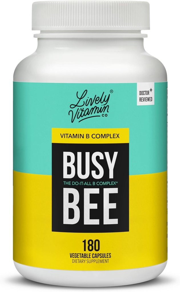 LIVELY VITAMIN CO. Sibuk Bee - Sangat Bioavable Vitamin B Kompleks dengan Choline - Energy - Stress-Brain Clarity - Oxidative Damage - Dairy Soy Gluten Bebas - 180 Vegan Capsules