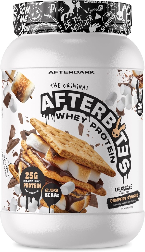 AFTERDARK AfterBites Whey Protein Powder, 25g Protein, 4.5g BCAA 's, Easy Dissolving, Tidak ada Warna Articial atau Penjual, Isolate Protein, USA Membuat, 26 Servings, Camfire Smores