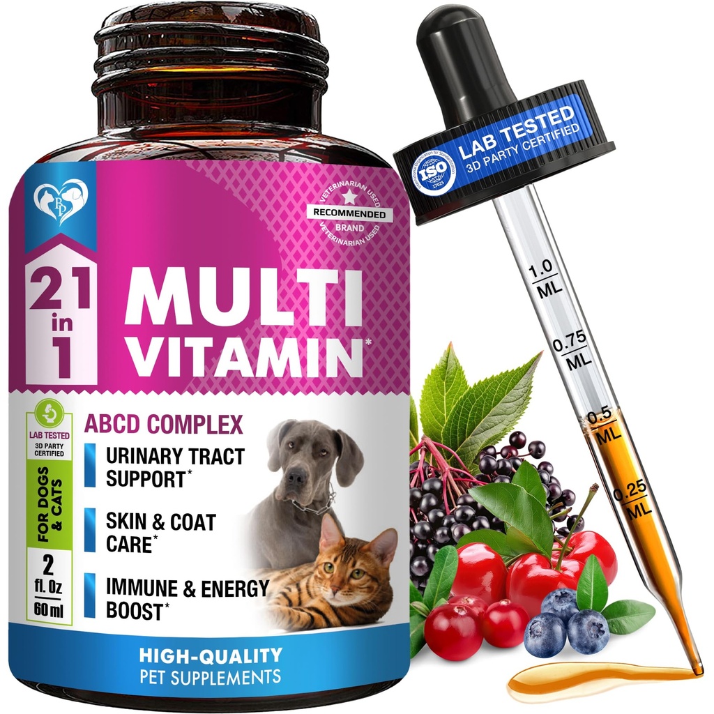 Cat & Dog Multivitamin Liquid with Glucosamin & Cranberry 124; 15 in 1 Health Tract Ginjal, Bladder, Hip & Joint, Skin & Coat 124; Natural UTI Medicine (60 ml)