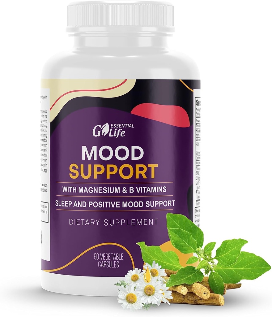 Tambahan Dukungan Mood (Mood) 124; Dukungan Bantuan Tenang dengan Ashwagandha, GABA 5-htp, St John 's Welt, Vitamin B6 dan B12 untuk Tidur, Relaxation, dan Cortisol Manager 124; 60 Capsules