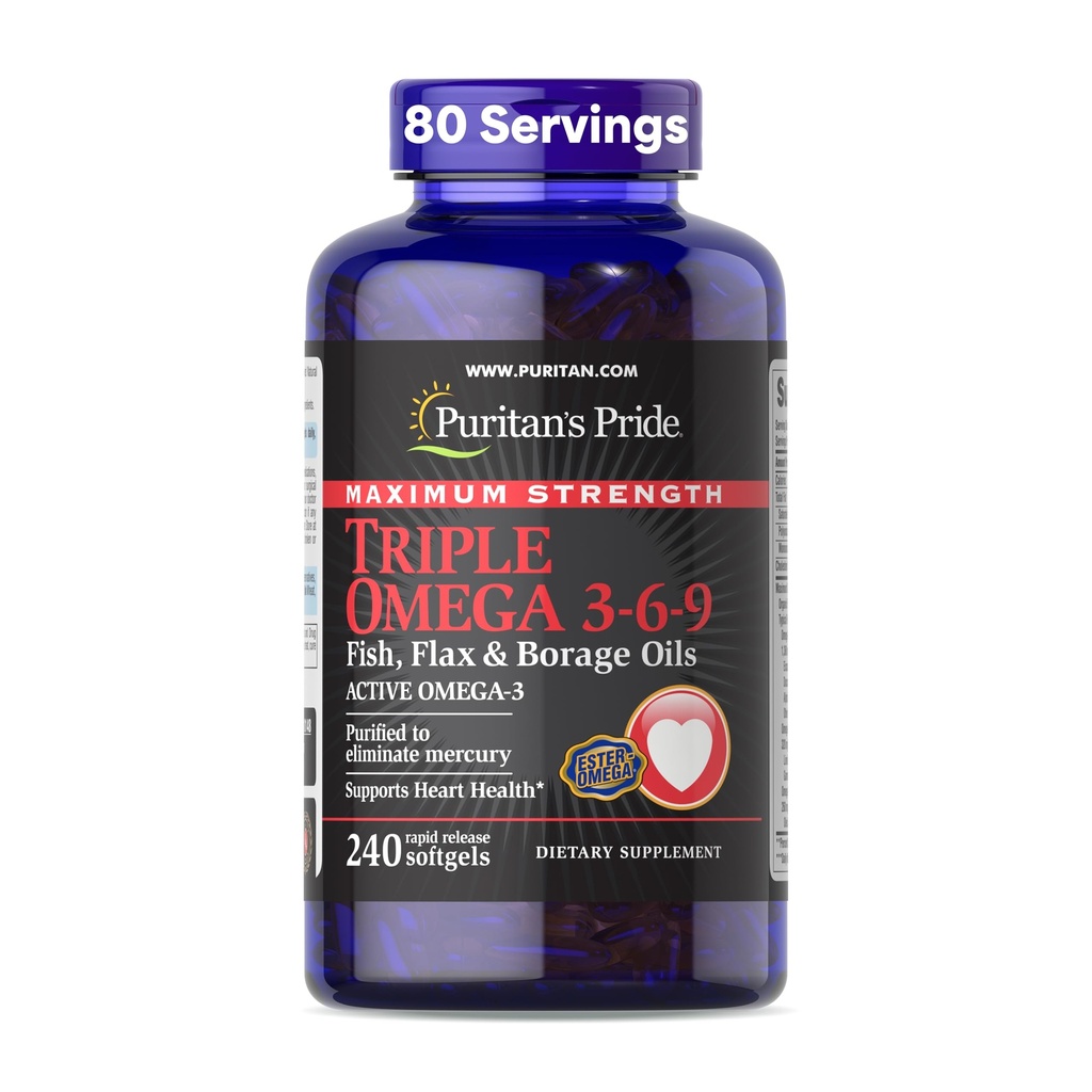Puritan 's Pride Premium Maksimal Kekuatan Triple Active Omega 3-6-9 Ikan, Flax, dan Borage Oil, Dietary Suplemen untuk Heart, Gabungan, dan Dukungan Kesehatan Cellular, 240 Rapid Lepaskan Softgels