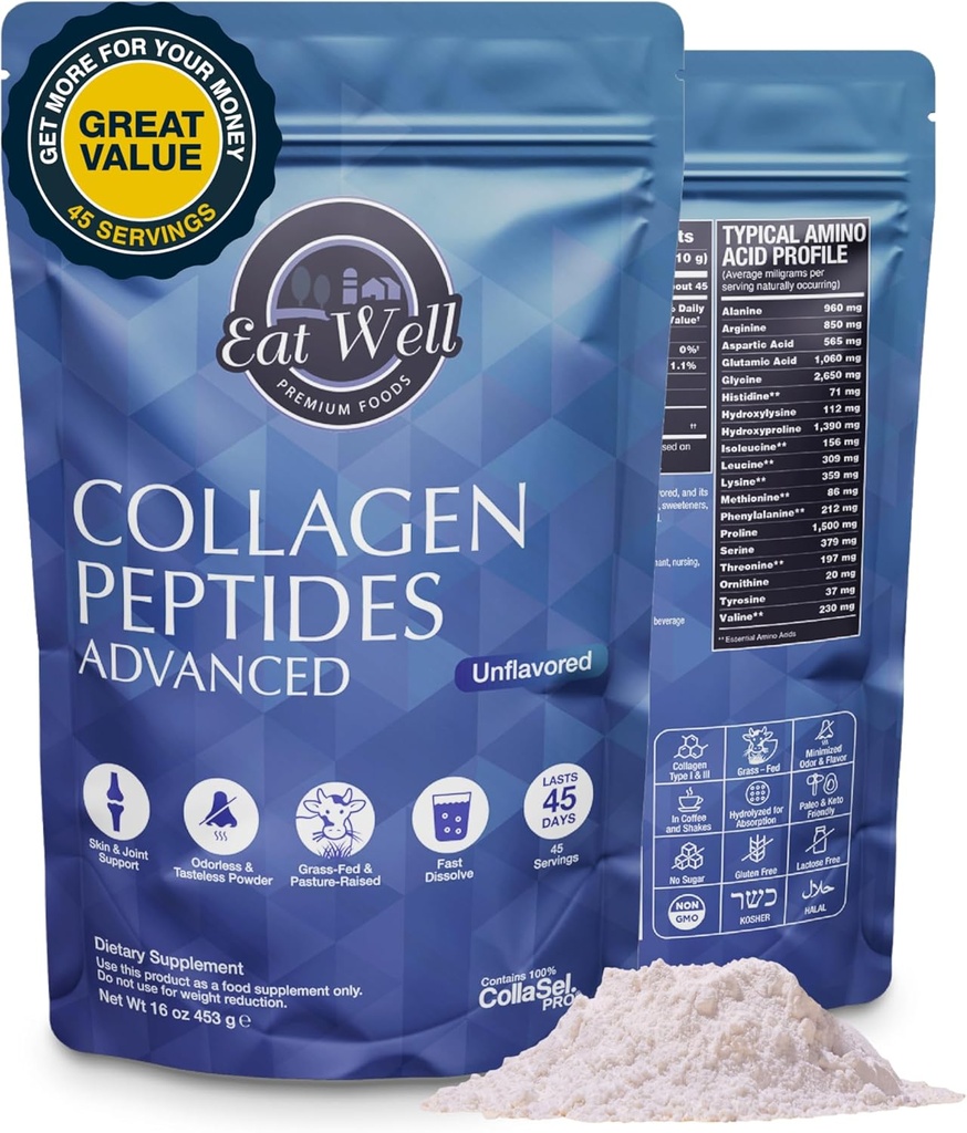 EAT WELL PREMIUM Foods Collagen Peptides Powder Protein 45 Servis, 16oz, Collagen for Skin, Bone and Joint Dukung, Tipe I & III Grass Fed Collagen Suplemen Perempuan dan Pria, Keto, Amino Accids
