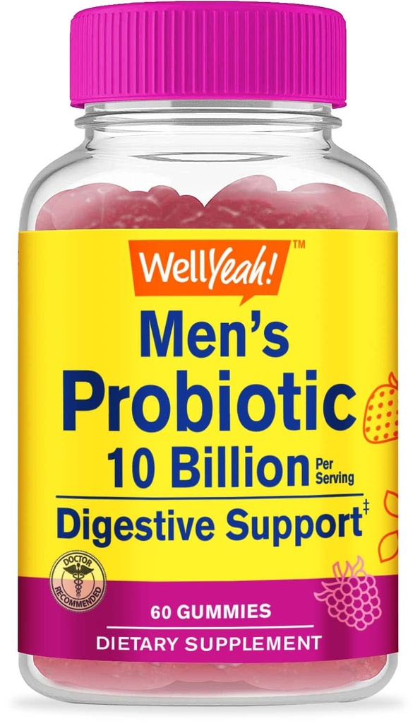 WellyProbiotic Gummies for Men with 10 Billion CFUs, Restore Natural Digetical Saldo, Reduce Gas, Bloating, and Irregularity, Gluten Free, Non- GMO, Vegetarian - 60 Gummies