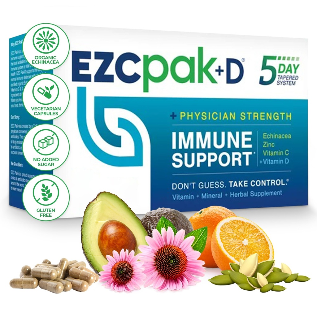 EZC Pak 5- Day Immune System Booster dengan Echinacea, Vitamin C, Zinc & Vitamin D - Tapered Immune Supplemen untuk Dewasa - Mendukung Imunitas, Persediaan Ukuran Mudah