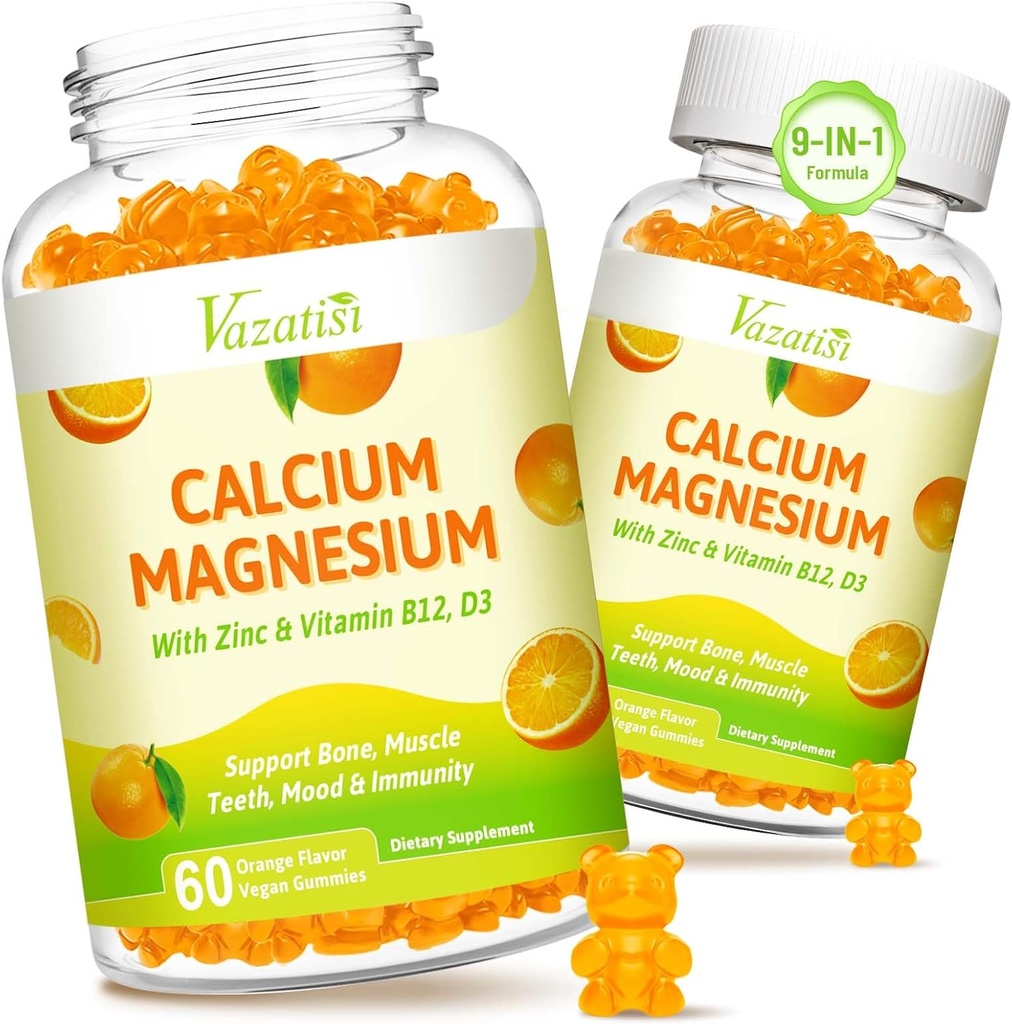 Kalsium Magnesium Zinc Gummies dengan Vitamin D3 dan K2, Absorpsi Tinggi Magnesium Glycinate Pottasium untuk Imune dan Tenang Mood, Vegan Orange Flavor 120 Gummies