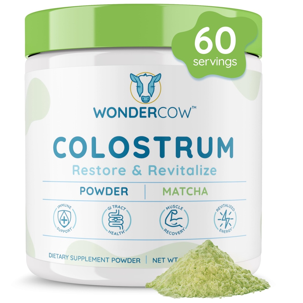 WONDERCOW Colostrum Supder untuk Kesehatan Gut, Dukungan Imune, Pemulihan Muscle & Wellness 124; Natural IGG Pure Whole Bovine Colostrum Superfood, Matcha, 60 Servings