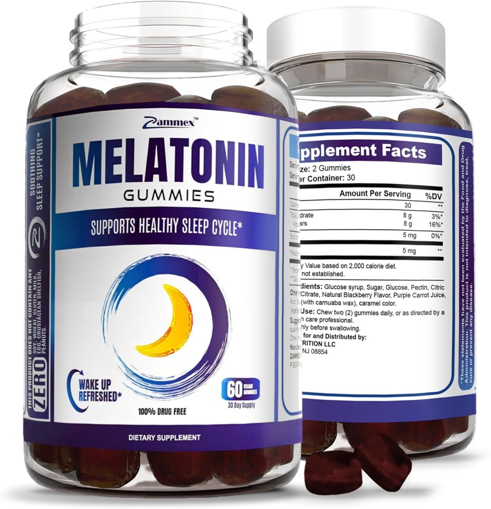 Zammex Melonatin Gummies 5mg 124; 60 Count 124; Sleep Suplemen untuk Orang Dewasa 124; Obat Free Sleep Gummy 124; Natural Berry Flavor 124; Vegan, Non-GMO, Gluten Free