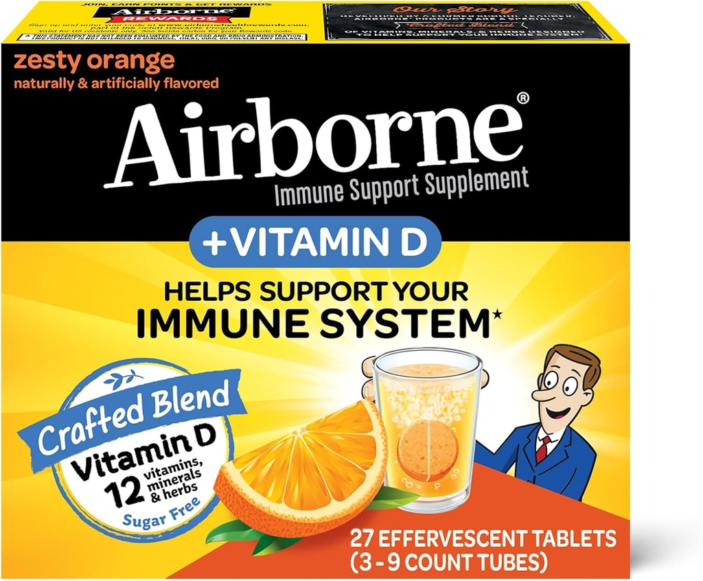 Airborne 750mg Vitamin C dengan Zinc Effervescent Tablet, Suplemen Dukungan Imune dengan powerful Antioksidants Vitamin A C D3 & E - 27 Fizzy Drink Talet, Zesty Orange Flavor