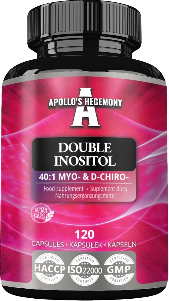 APollo 'S HEGEMONY Double Inositol 120 Vegan Capsules - Myo- Inositol + D-Chiro-inositol dalam supplemen Optimal 40: 1 Rasio - 615 mg per Kapsul - 4 Bulan - Vitamin B8