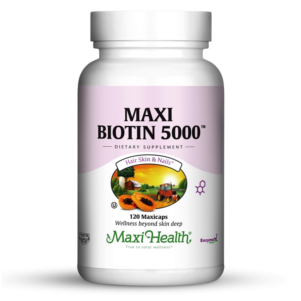 Maxi Health Biotin 5000 mcg - Hair Skin dan Nails Vitamin for Women & Men - Potency Vitamin B7 Suplemen untuk Perkembangan Rambut, Nails Kuat & Sehat Skin - Kosher, Dokter Memformat - 120 Kapsul