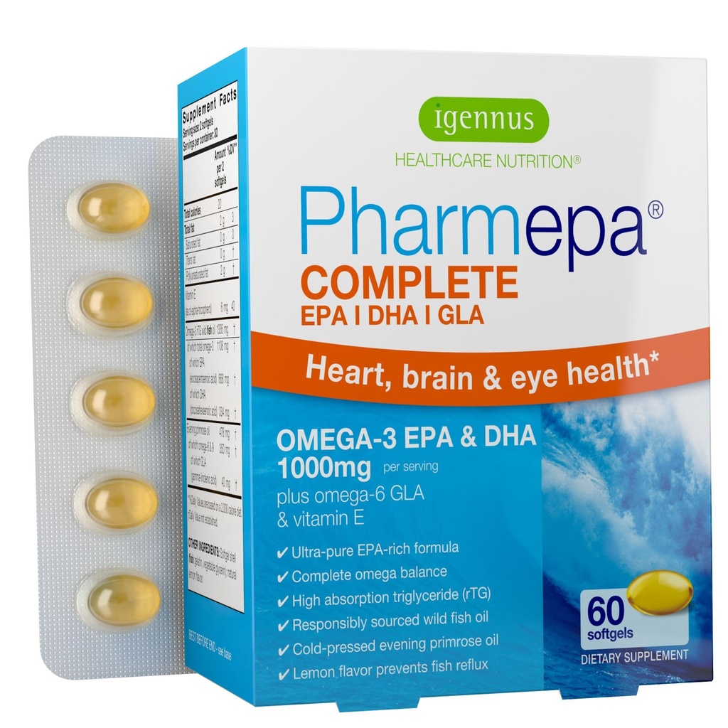 Igennus Pharmepa Complete EPA 668mg & DHA 334mg Omega-3 Acids Gendut, IFOS Sertifikasi, RTG Form, Potensi Minyak Ikan Tinggi Plus Omega- 6 & 9 dari GLA Malam Primrose Oil, Lemon Flavor, 60 Softgels