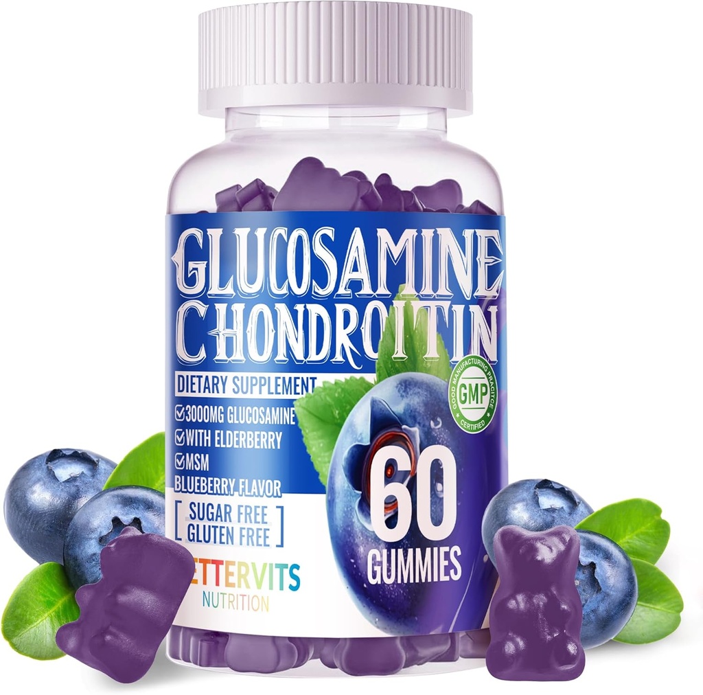 Glucosamin Chondroitin Gummies dengan MSM & Elderberry Ekstra Kekuatan - Dukungan Bersama, Dukungan Ammunian Antioksidasi untuk Dewasa, Pria & Women.60 Blueberry Gummies
