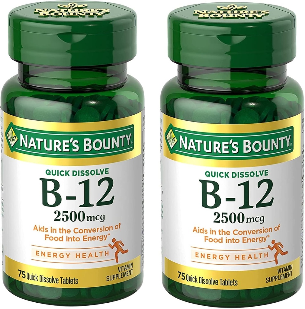 Nature 's Bounty Vitamin B12 2500 mcg, Cellular Energy Support, for Energy Metabolism, Heart & Gugup System Health, 75 Quick Dissolve Tablet (Paket 2)