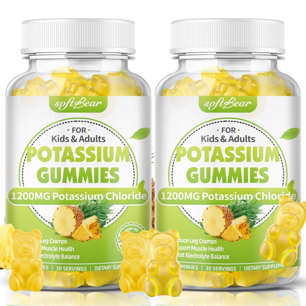 S0Tbear Potasium Chloride Gummies 1200mg, Sugar- Free Potasium Gummies untuk Hambatan Kaki Potency Tinggi Potensi Klorida Tambahan, Pineapple Flavor 120 Count