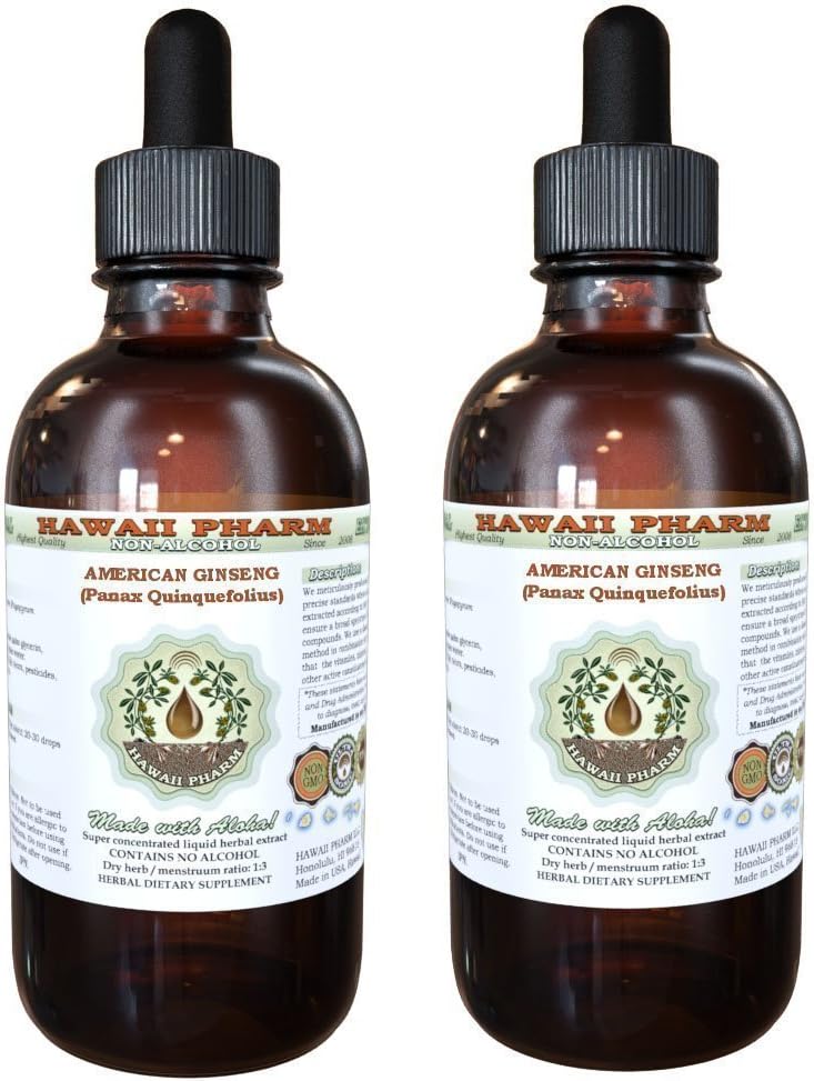 American Ginseng Alcohol- Free Liquid Extract, Ginseng (Panax Ququineefollius) Root Kering Glycerite Hawaii Pharm Natural Herbal Supplemen 2x4 oz