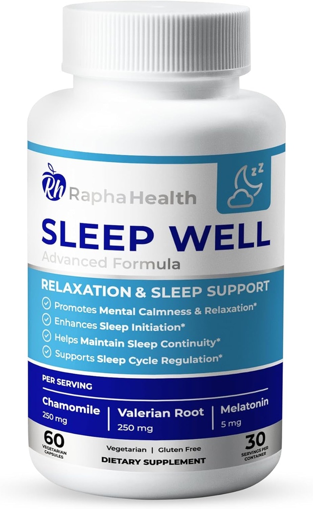 Sleep Well 124; Natural Sleep Aid dengan Magnesium Glycinate, Valerian Root, dan Chamomile 124; Non- Habit Forming 124; 60 Capsules - 30 Nights of Reverful Sleep