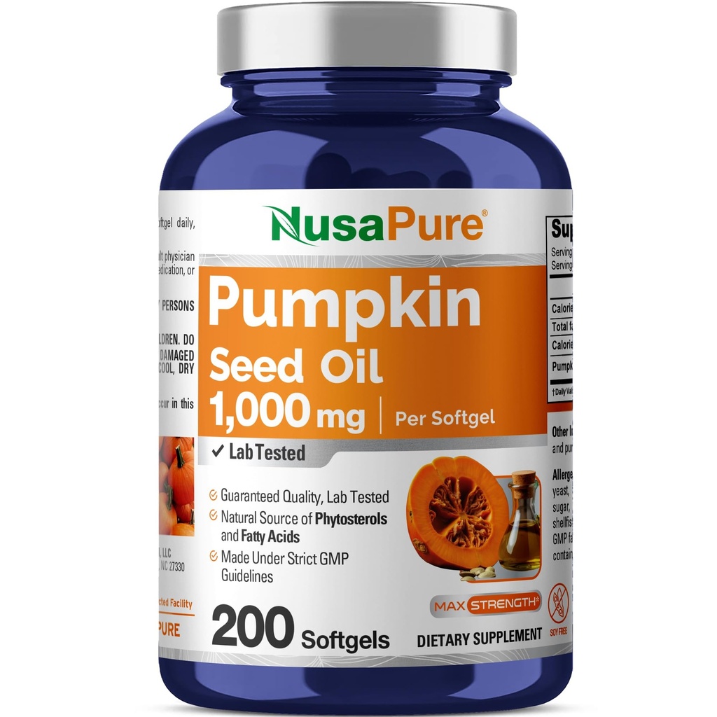 NusaPure Pumpkin Seed Oil 1000mg 200 Softgel Capsules (Non- GMO, Soyfree) Alami Occurring Phytosterol