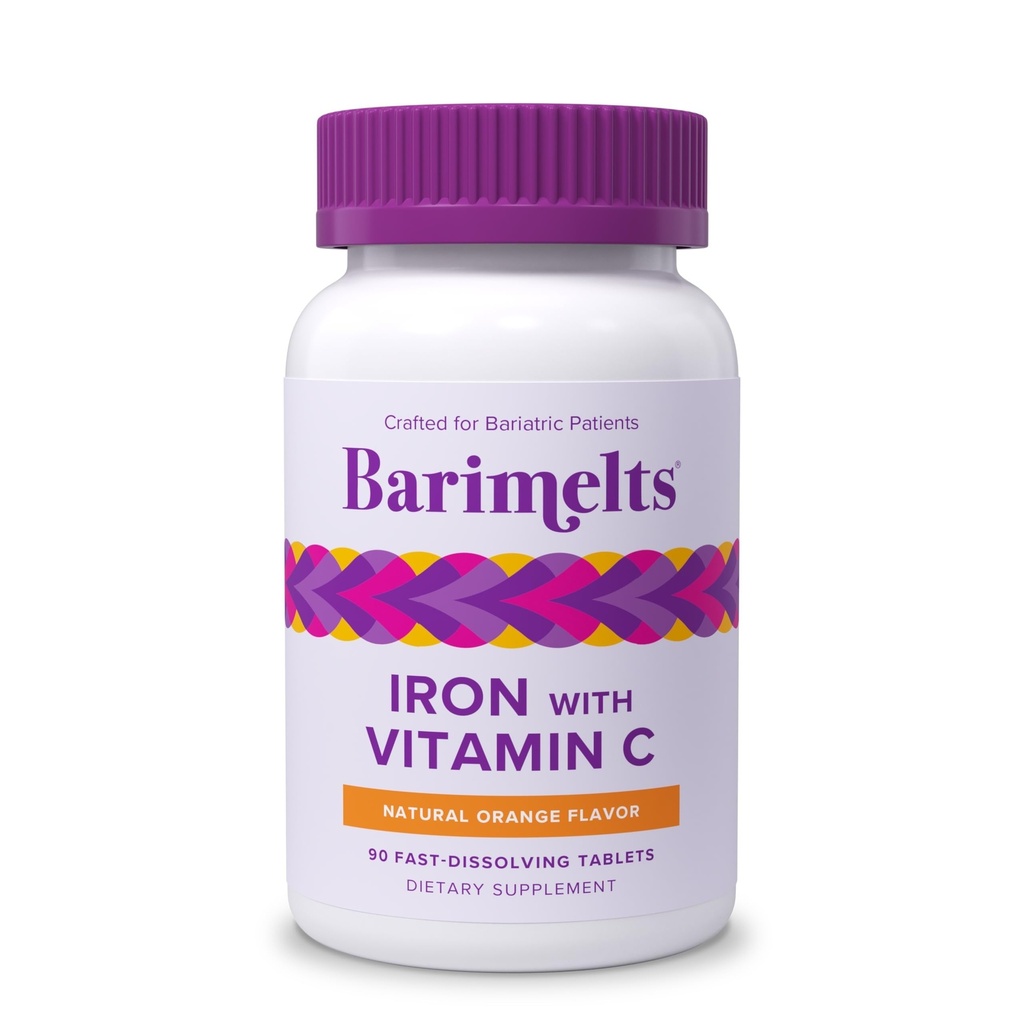 Barimelts Iron dengan Vitamin C, 90 Fast-Dissoling Tablet (1-Bulan Sugar- Free Bariatric Iron Suplement for Women, Natural Orange Flavor