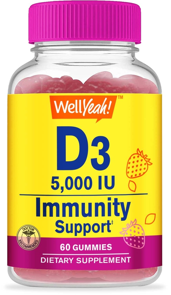 Welly Vitamin D3 5000 IU (125 mcg) Extra Strenght Gummies -for Bone Health, Ammune Booster, Bone and Teeth Support -Non GMO, Gluten Free, Nut Free, Vegetarian -Strawberry Flavor -60 Gummies