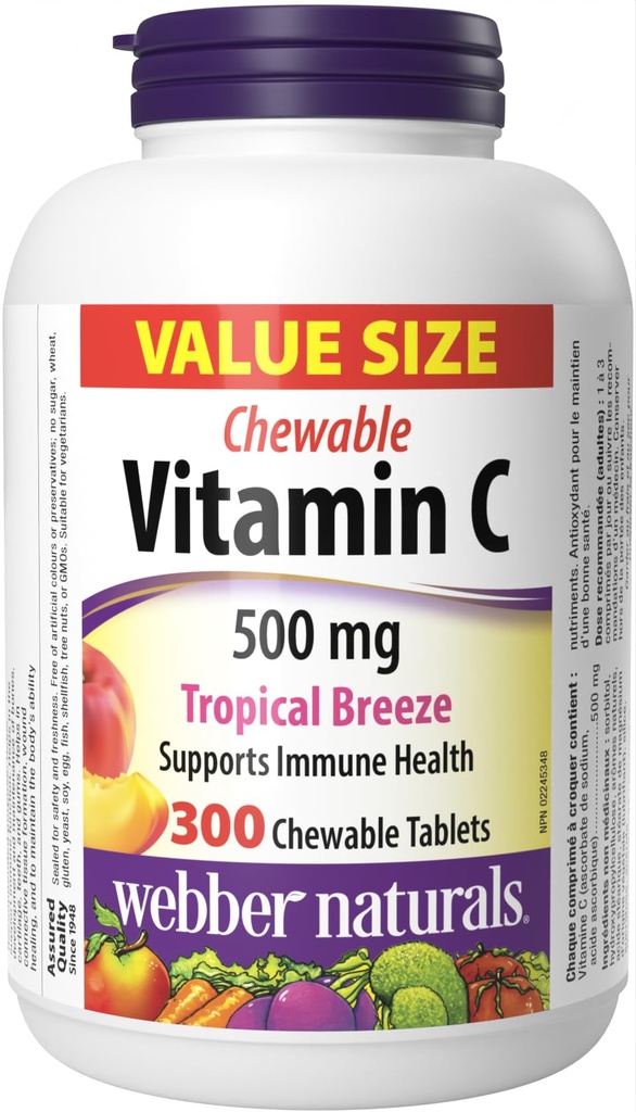 Webber Vitamin C, 300 Dukungan Tropis Gravize Flavor, 500 mg dari Vitamin C Per Tablet, Bones, Teeth, Imune dan Antioksidant, Non GMO, Dairy & Gluten Free