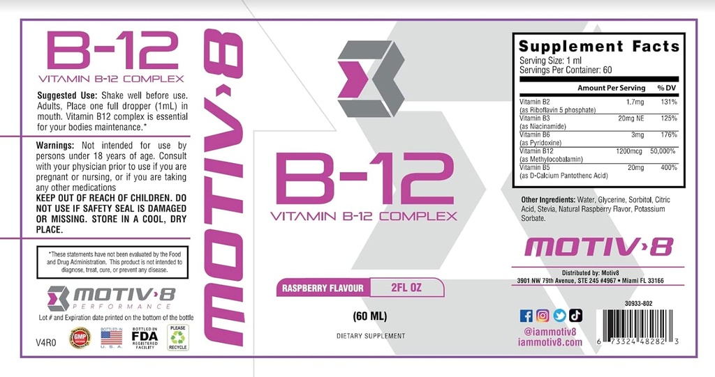 Motiv-8 Esensial Vitamin B-12 Drops, Sublingual, Easy to Take Liquid Suplemen, Supports Eye Health, Brain Energy, Nervous System, Cognition & Memory (60 Servings, Raspberry)