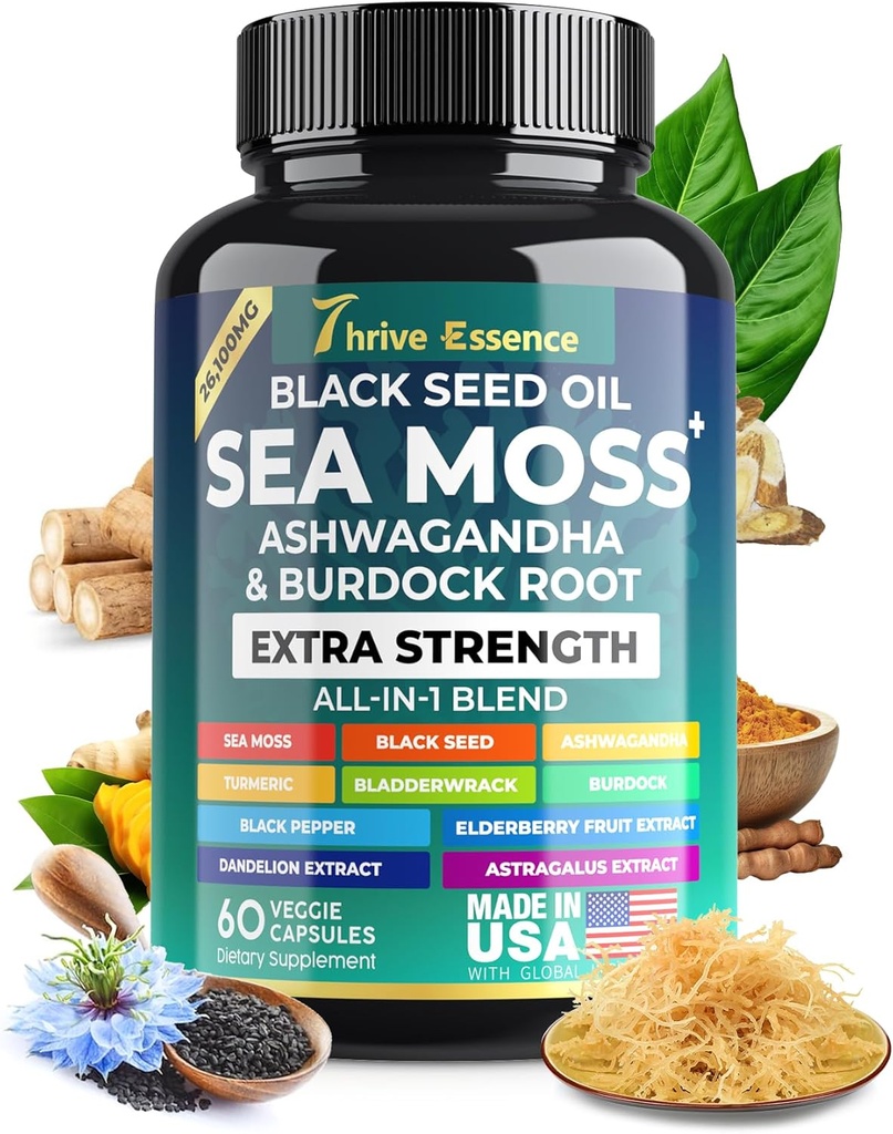 Sea Moss Extract, Black Seed Oil, Ashwagandha, Turmeric & More - 10- 1 Herbal Suplemen dengan Black Pepper & Elderberry - 60 Kapsul