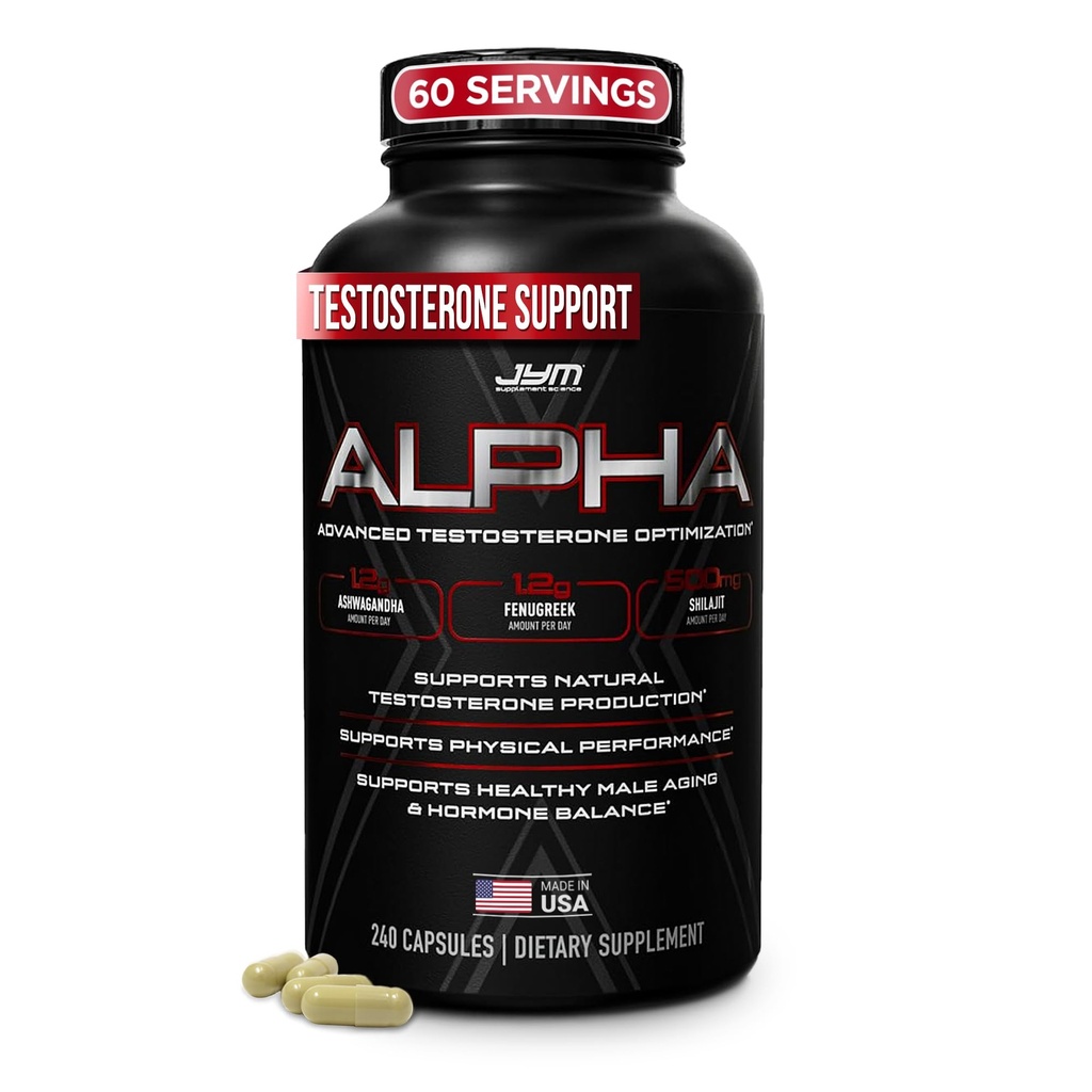 Alpha JYM X Advanced Hormone Optimization, Vitalitas, Optimisasi, DHEA, Ashwagandha, Boron, Shilajit, Furugreek, Eurycoma, Damiana, Quercetin, DIM, JYM Suplemen Science, 240 Capsules