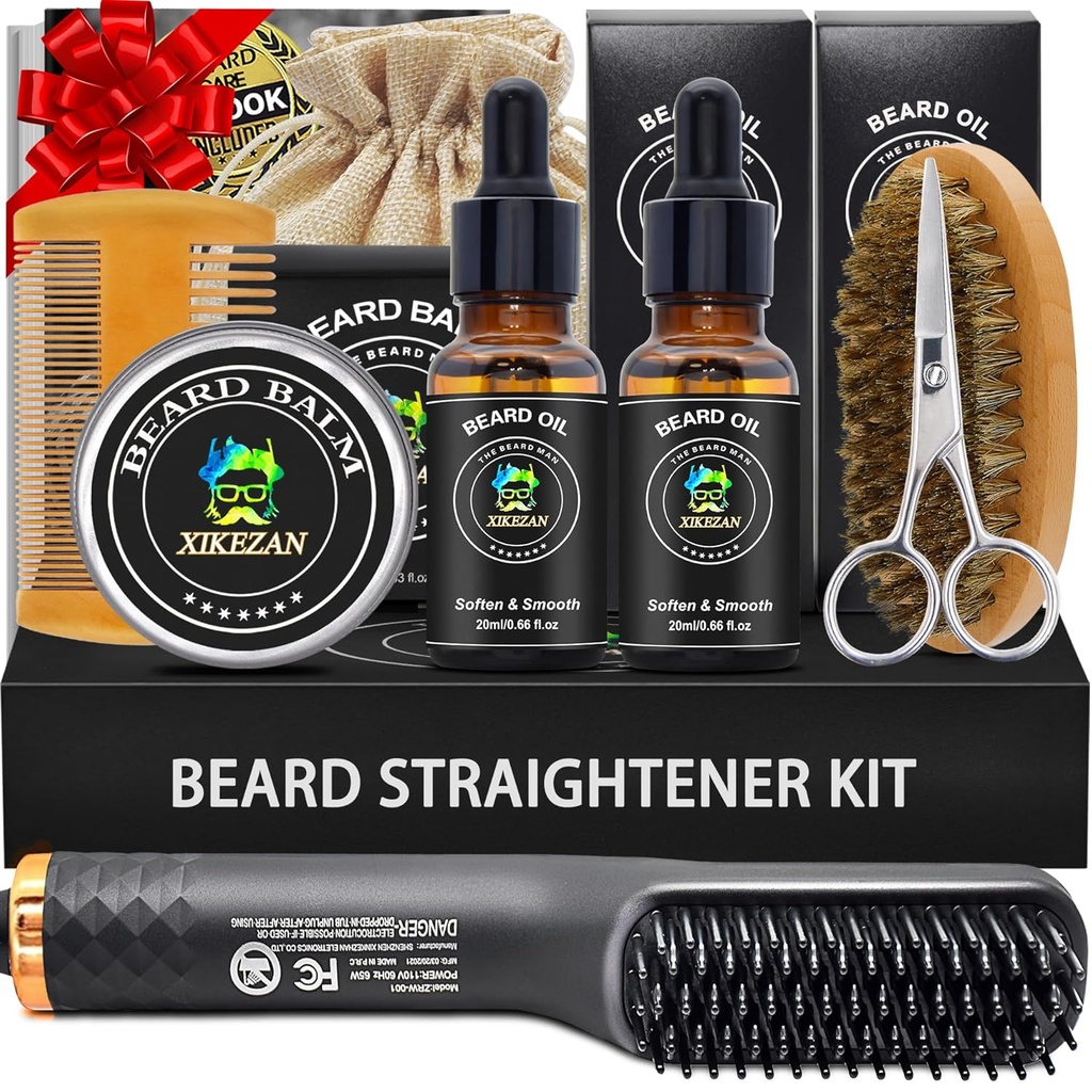 XIKEZAN Beard Kit for Men Grooming & Straightening Set, w / Beard Straightener, 2 Pack Oil, Balm, Cob, Gunting, Brush, Birth Valentines Gifts for Him Dad Girlfriend Stuffers