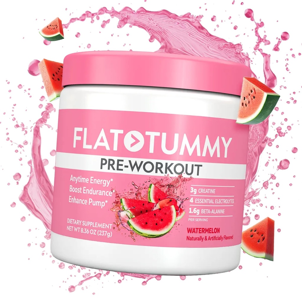 Powder Tummy Pre Workout datar untuk Perempuan - Energi, Endurance, dan Otot Dukungan dengan 3g Creatine, 1.6g Beta- Alanine, Electrolytes - Watermelon Flavor - 30 Hamba
