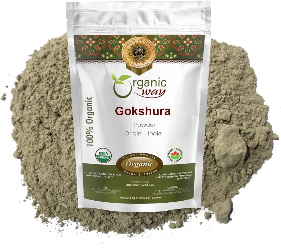 Gokshura Powder Organik (Tribulus Terrestris) - Organik dan Kosher Bersertifikat 124; Raw, Vegan, Non GMO & Gluten Free 124; USDA Certified Alur4; Origin - India (1LBS / 16Oz)