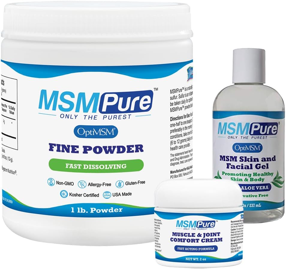 KALA HEALTH MSMPure Stardle dengan MSM Fine Powder 1lb, MSM Muscle & Joint Cream 2oz dan MSM Gel dengan Organik Aloe 8oz