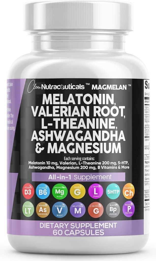 Bersihkan Nutraceuticals Melontonin Akar Valerian L Theanine 200mg Ashwagandha - Pria & Pria dengan Kompleks Magnesium, Lemon Balm, Chamomile, & Passion Flower - 60 Caps